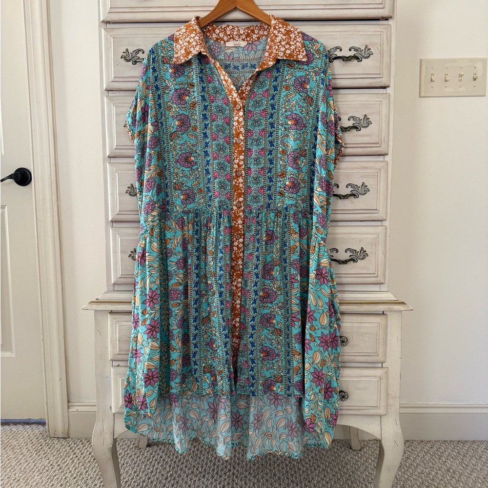 Turquoise Floral Button-Front Midi Dress with Rust Contrast Collar
